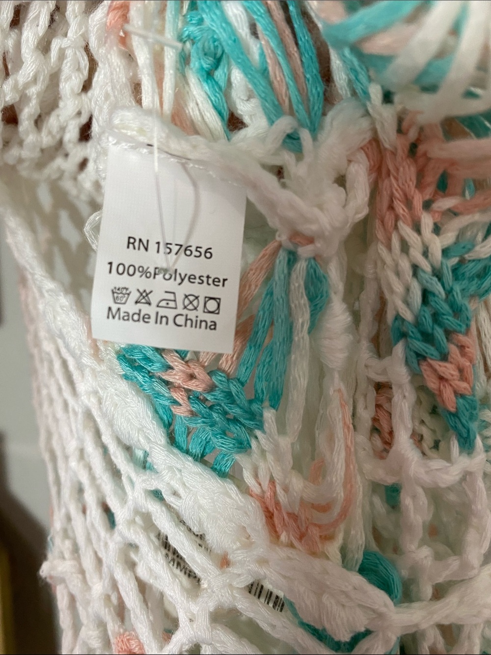 Source Unknown White Macramé Wall Hanging with Teal and Peach Accents pp20-25 - Picture 2 of 2